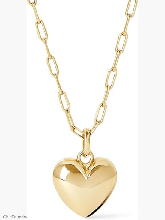 14k Solid Gold Puffed Heart Necklace – Paperclip Chain, 18  14K Gold Plated Paperclip Chain Pendant Necklace - Puffed Heart Charm